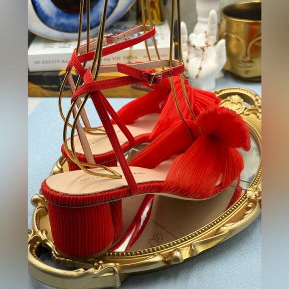 🆕 LOEFFLER RANDALL 🧿 NWOT Dahlia Candy Apple Red Pleated Organza Bow Heel Sz 7 - Picture 12 of 16